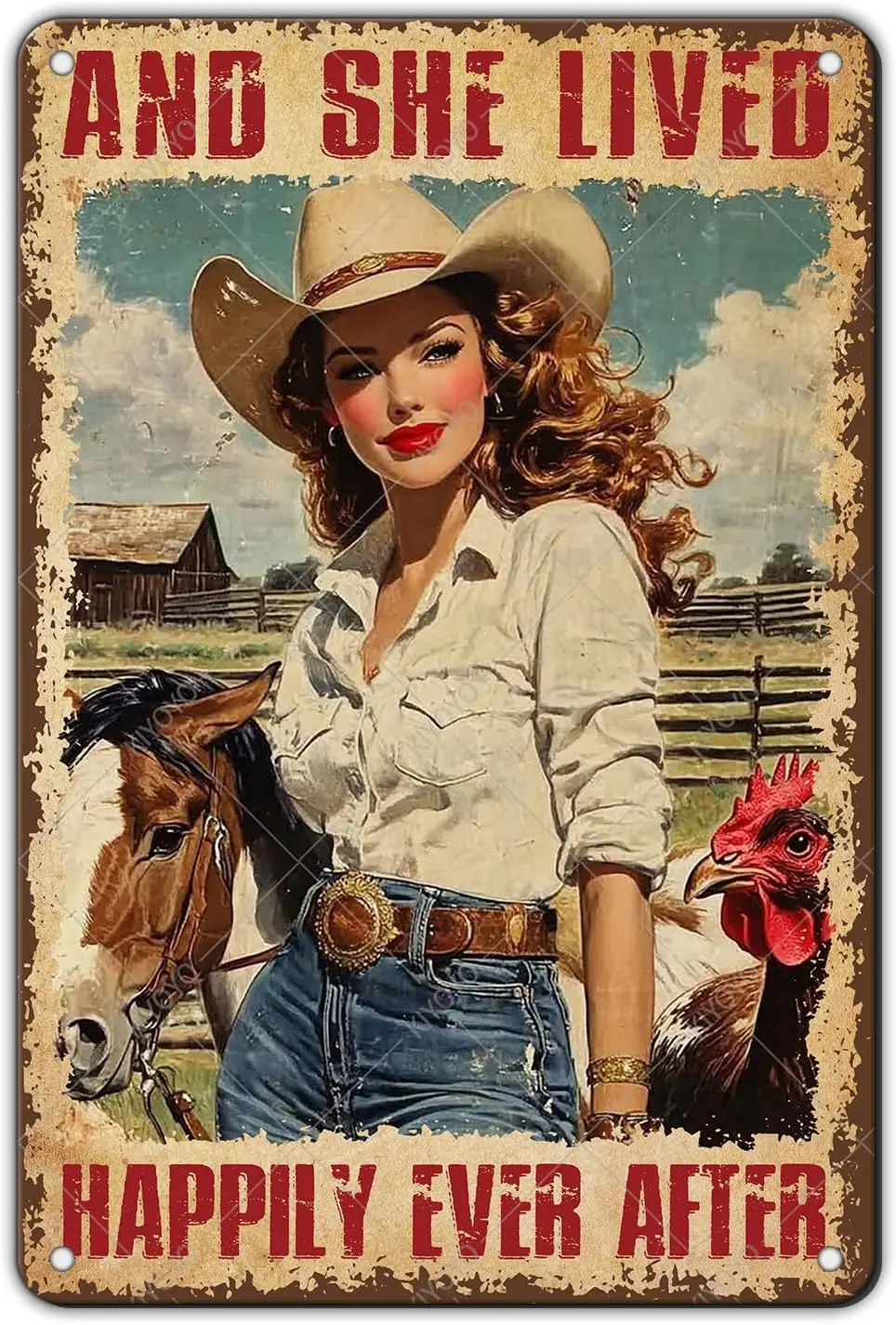 Cowgirl Vintage Tin Sign And She Lived Happily Ever After Funny Horse and Chicken Iron Painting Poster Wall Decor for Home Bar C
