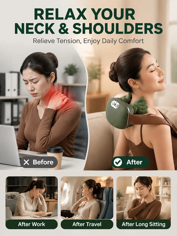 Cervical Neck Massager Shoulder Massager Electric Shiatsu Deep Massage Device with Human Hand Grip Design Wireless Rechargeable