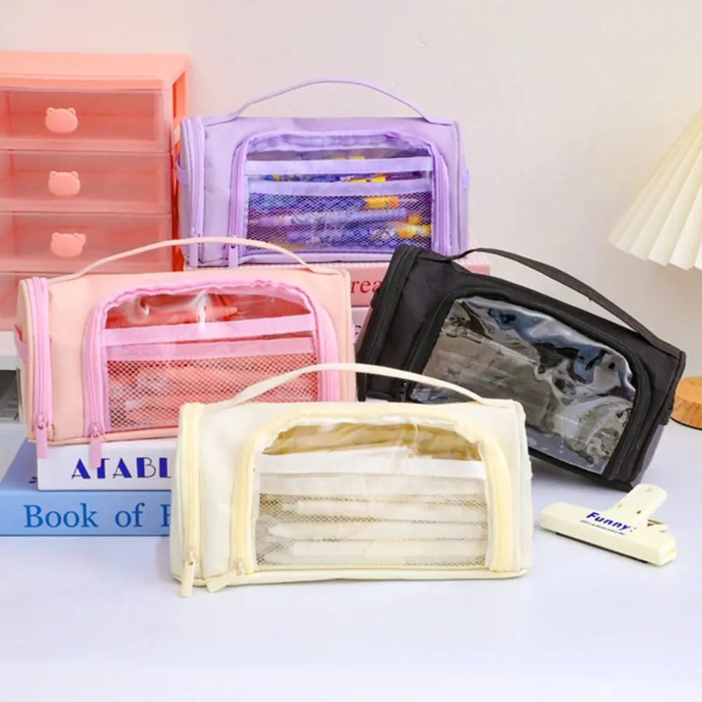 Canvas Transparent Pencil Case Dirt Resistant Multi-functional Large Capacity Pencil Bag Simple Korean Style Zipper Pencil Case