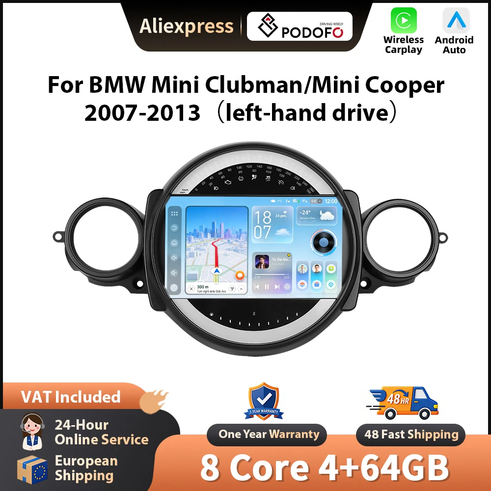 Podofo 9'' Autoradio für BMW Mini Clubman/Mini Cooper 2007-2013, kabelloses CarPlay, Android-Autoradio, WIFI, GPS, Radio, FM/RDS, BT