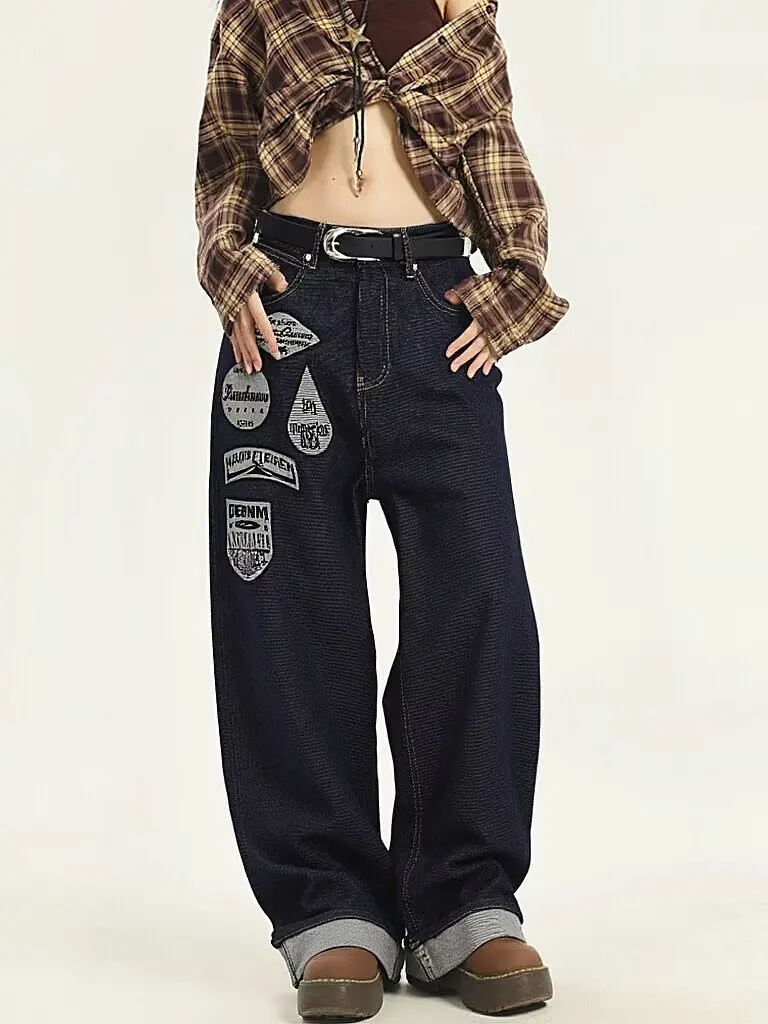

Y2K Women's High Waist Baggy Jeans Vintage Patch Embroidered Wide Leg Denim Pants Streetwear Skate Trousers with Rolled Cuffs
