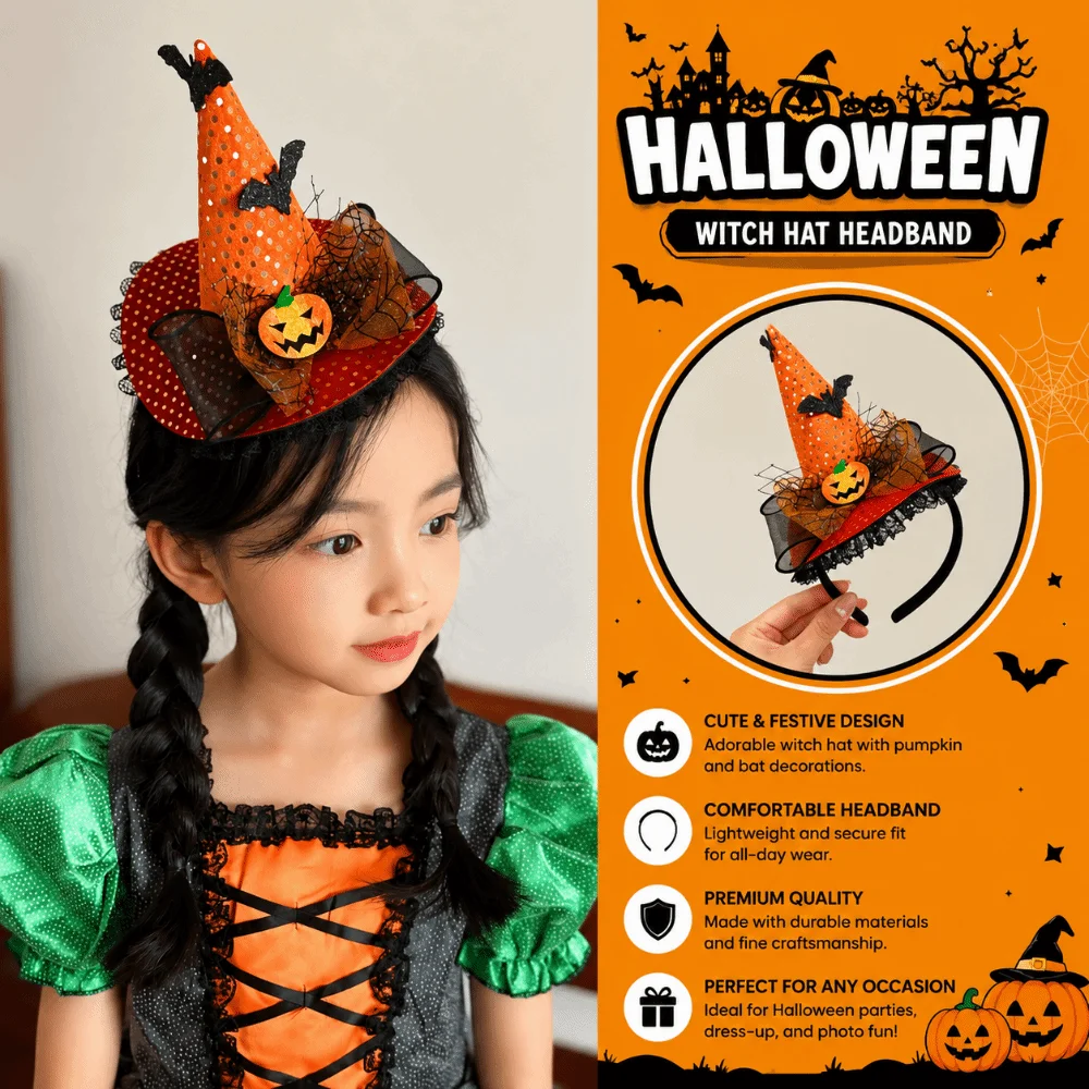 Pointed Hat Halloween Headband Lace Ribbon Pumpkin Ghost Witch Hat Hairband Cosplay Props Dress Up ‌Children's Hair Hoop‌