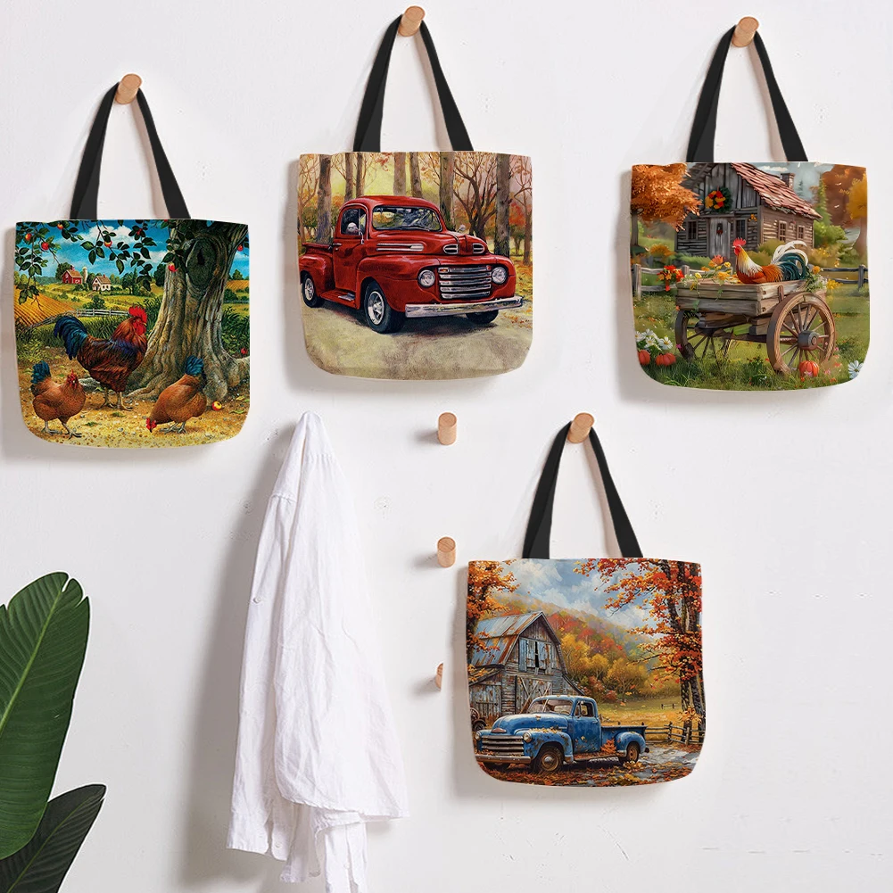 Bolsa tote de linho de fazenda, 4 unidades, bolsa de ombro de compras feminina de grande capacidade