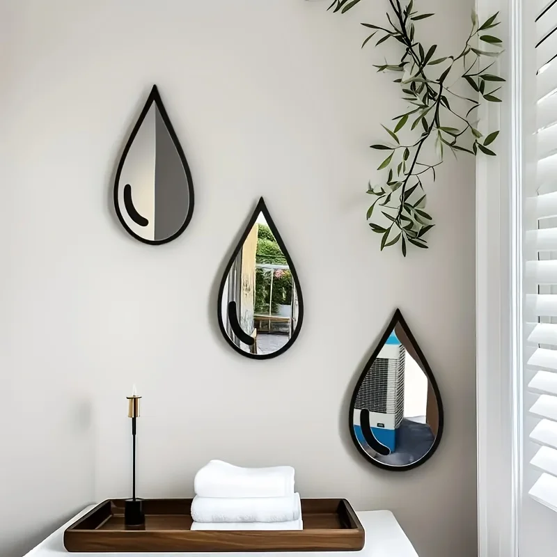 Juego de Espejos de Pared Creativos Estilo Boho con Forma de Lágrima - Marco Negro, Diseño Minimalista, Ideal para Decoración del Hogar/Regalo Creativo, Montaje en Pared