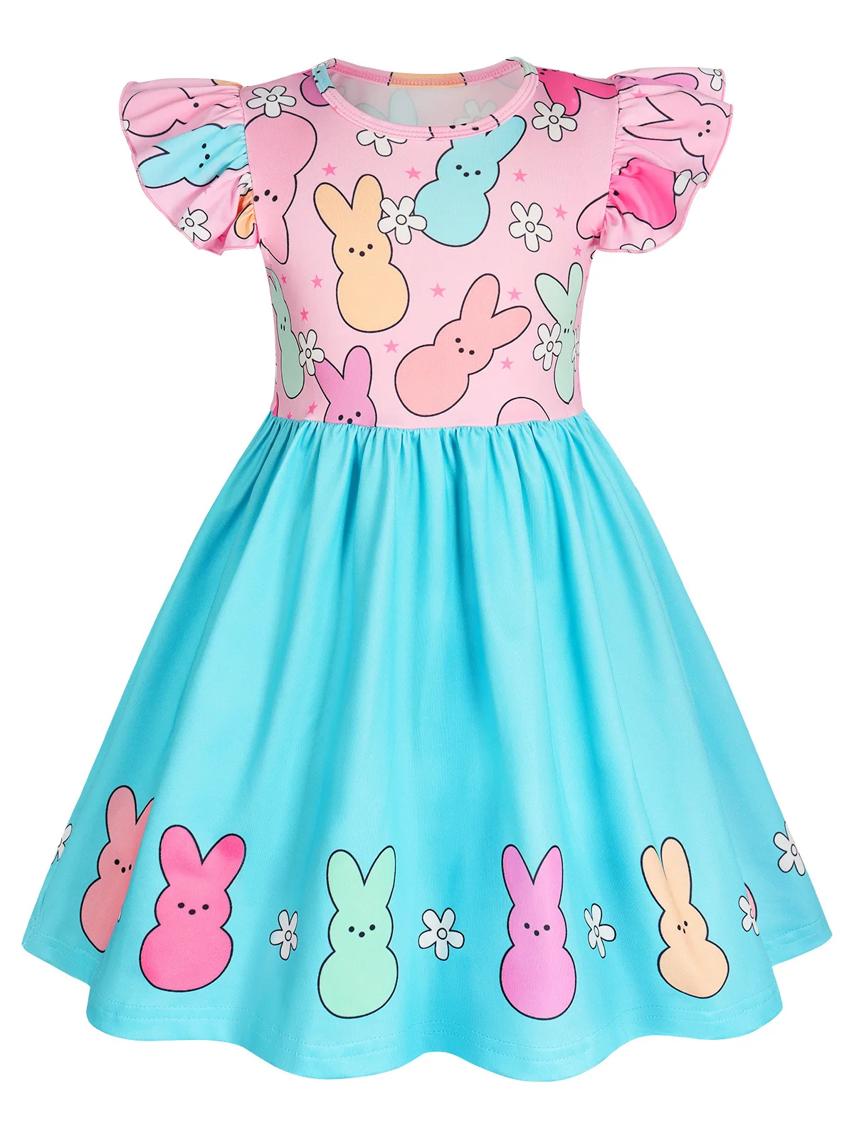 Hot Sale Easter Boutique Fashion Flying Sleeves Cute Rabbit Flower Print Toddler Girl Dress Milk Silk