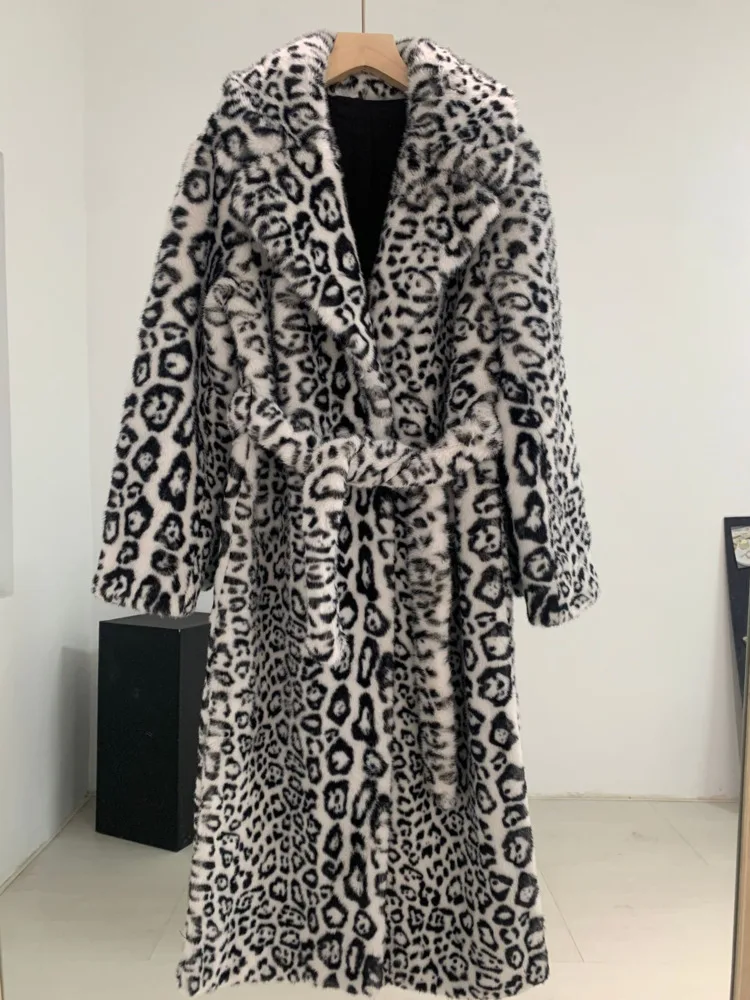 UCXQ Fashion Faux Fur Coat European Style Single Breasted Belt Leopard Loose All Match Long Jacket Women 2024 Autumn Winter 1685