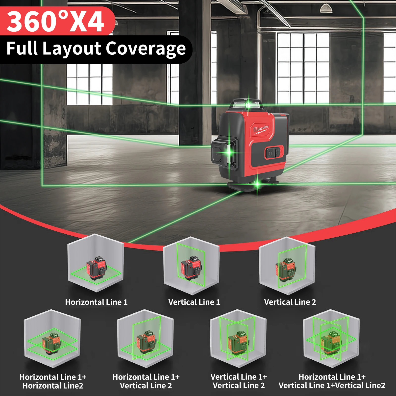 Milwaukee Lézer Egyenget 360 Éretlen 16 Írásbeli büntetés 4D Én leveling 360 Fekvő majd Függőléges szuper Hatalmas Agancs középága Építésmód eszközök