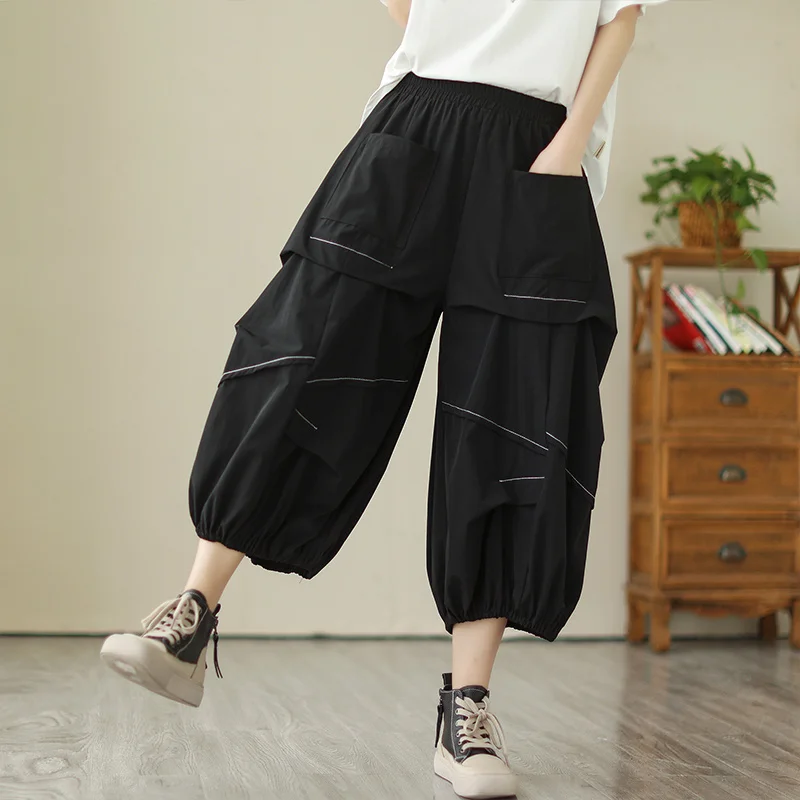 #2944 Summer Black Khaki Cargo Pants Women Multi-pockets Loose Streetwear Wide Leg Pants High Waist Asymmetrical Bloomers Pants