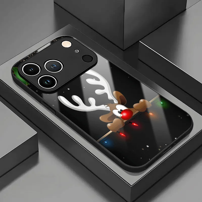 Cute Peeking Red Nose Reindeer Christmas Glossy Phone Case for iPhone 18/17/16/15/14/13/12/11 Pro Max/X/XS/XR/8/7 Plus