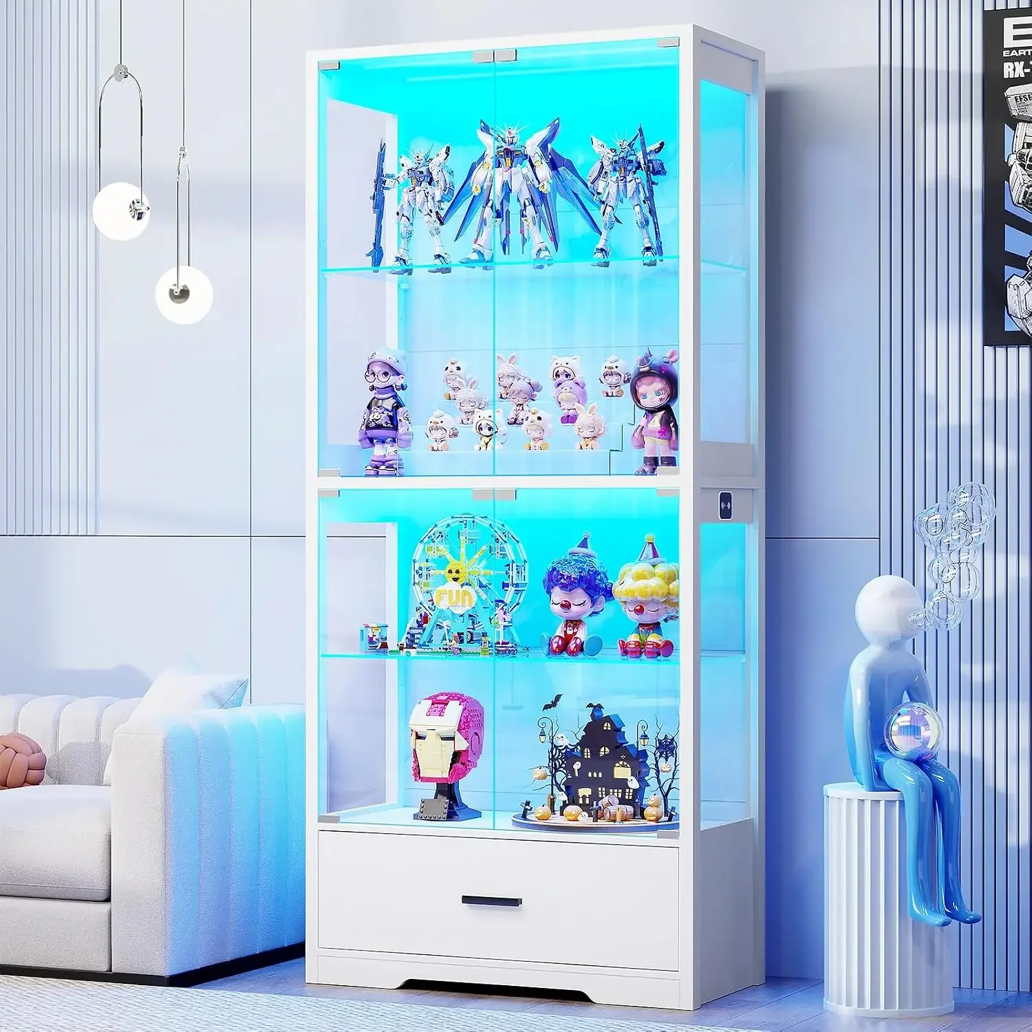 4-Tier Display Cabinet with Glass Doors and Drawer for Collectibles | Glass Display Case with 3-Color Lights & Human Body