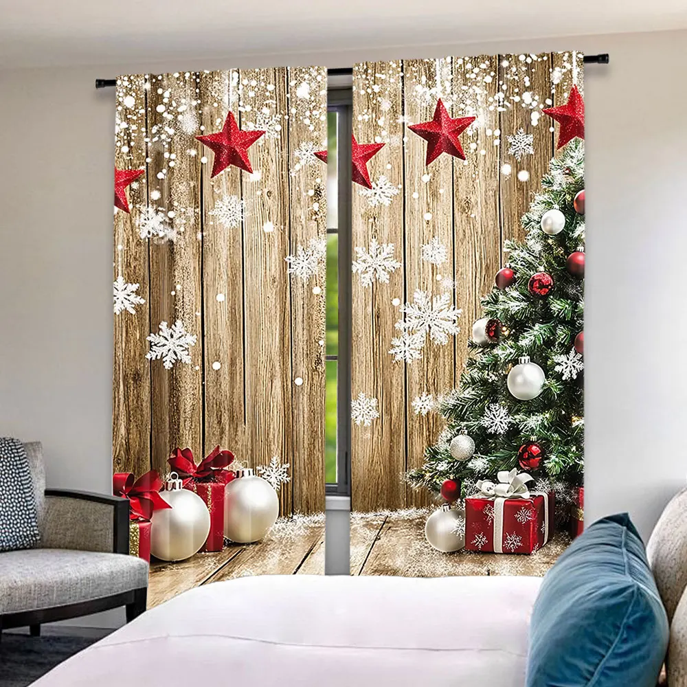 2Pcs Christmas Curtains Rustic Snow Christmas Tree Gifts For Christmas Party Decoration Suitable For Bedroom Living Room Dining