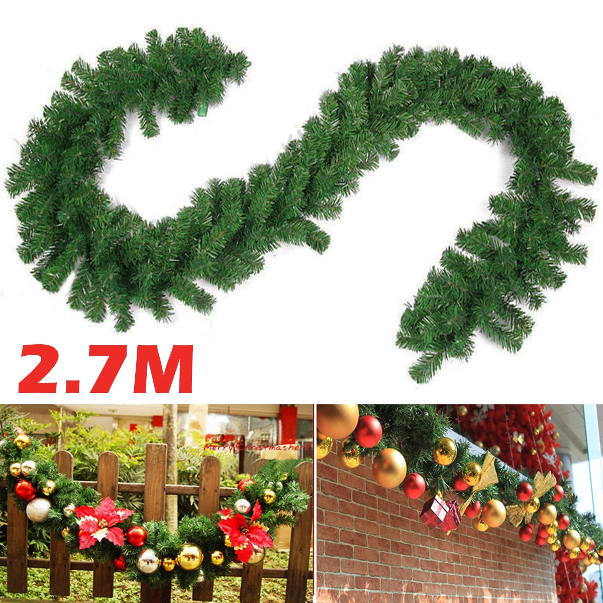 2.7m 9ft Green Pine Christmas Garland Handmade Christmas Wreath Door Stairs Decor Xmas Fireplace for Home Outdoor Decoration