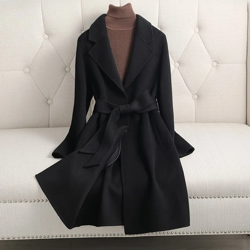 

Promotion 2023 Autumn Women Wool Coats Turn Down Collar Midi Length Coats Woolen Coat With Belt Veste Femme Tops