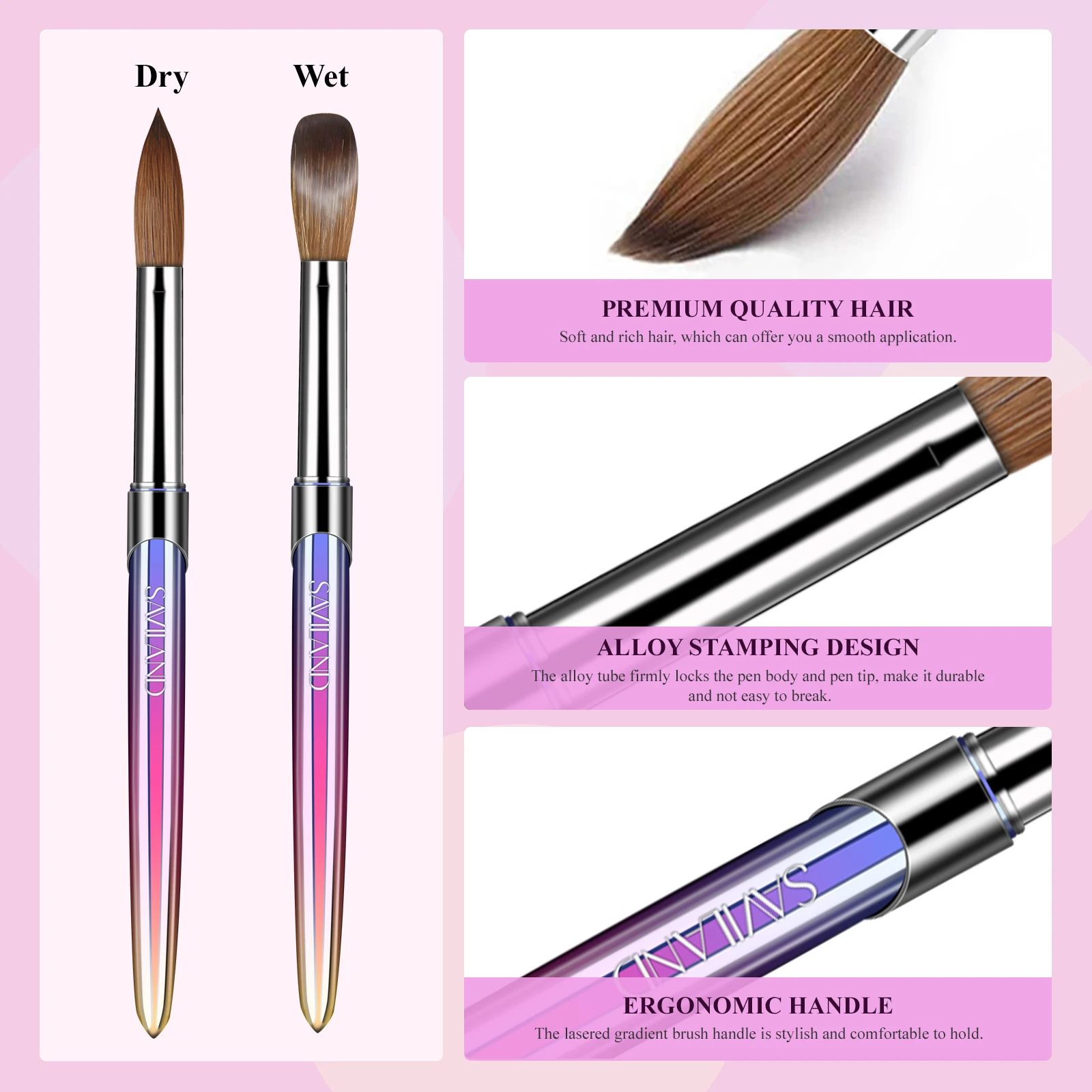 Saviland 4pcs Acrylic Nail Brush Set Professional Nail Brushes Size 10/12/14/16 for Acrylic Application Acrylic Powder Nail Art