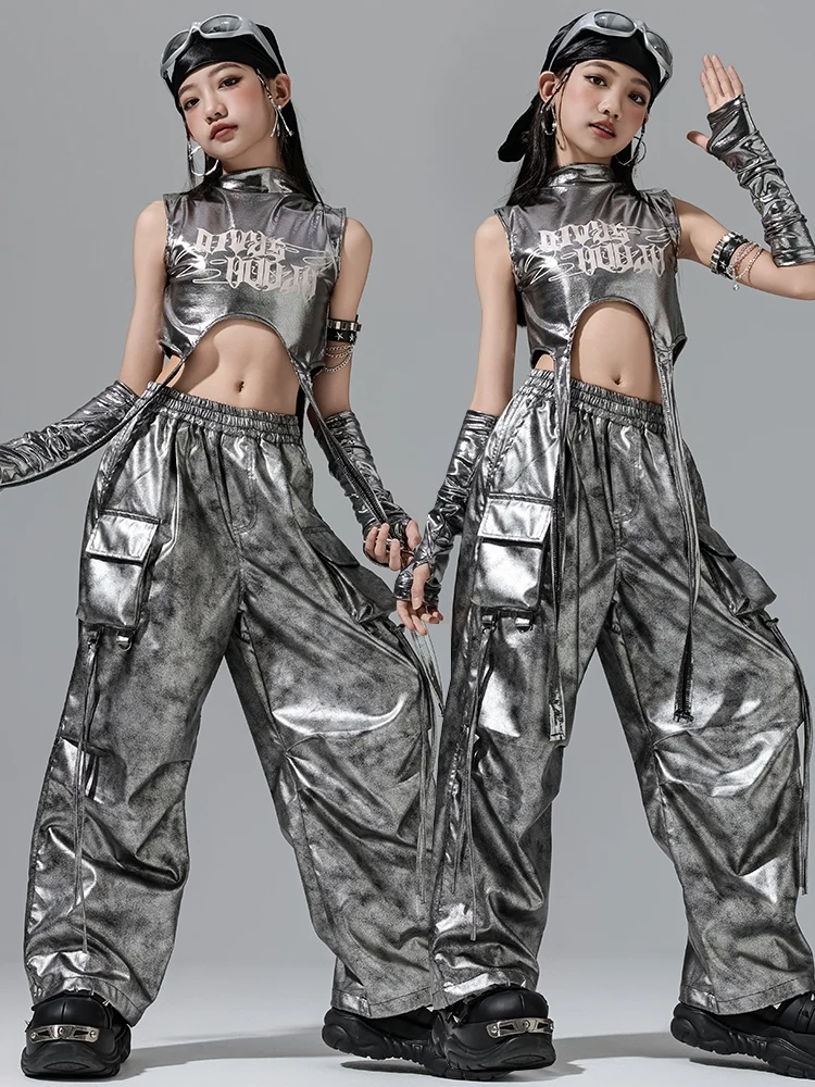 

Танцевальная одежда в стиле хип-хоп, костюм для выступлений Kpop, детская одежда для подиума, концертная одежда, сценическая одежда для девочек, серебряная джазовая одежда