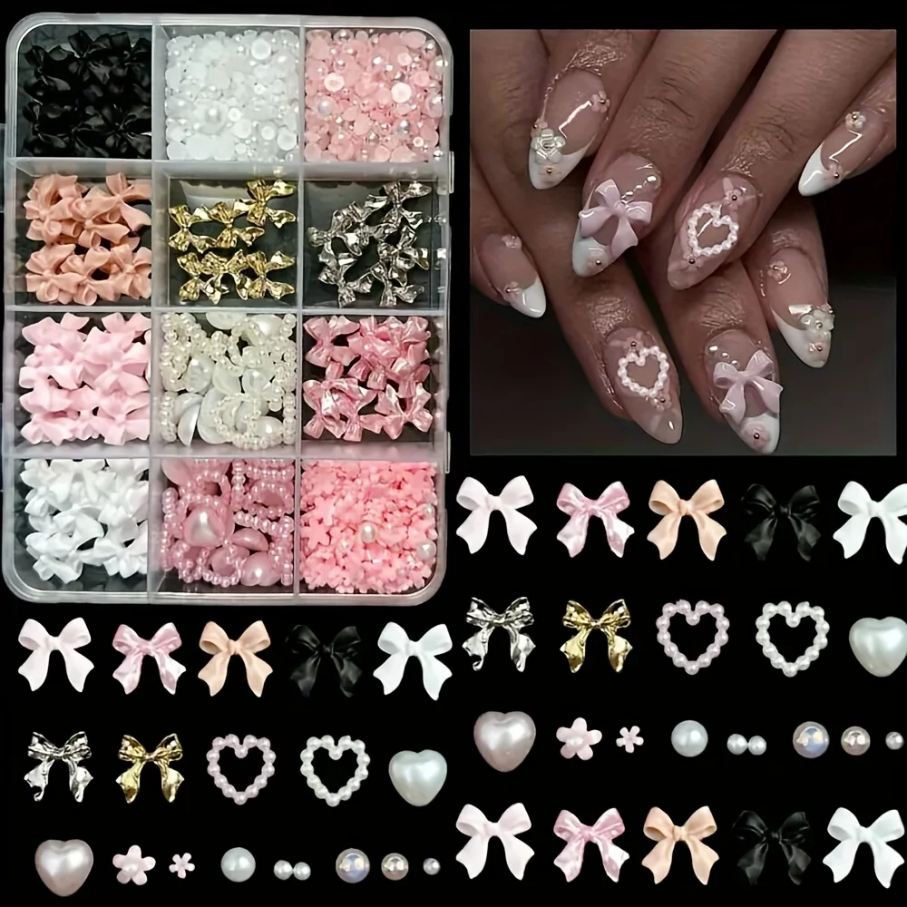 1 Set of Nail Art Bow Decoration Set, Multi-Color 3D Resin Bows and Pearl Rhinestones Nail Art Supplies with Storage Box, Nail Decorations Suitable for Creative Nail Artists