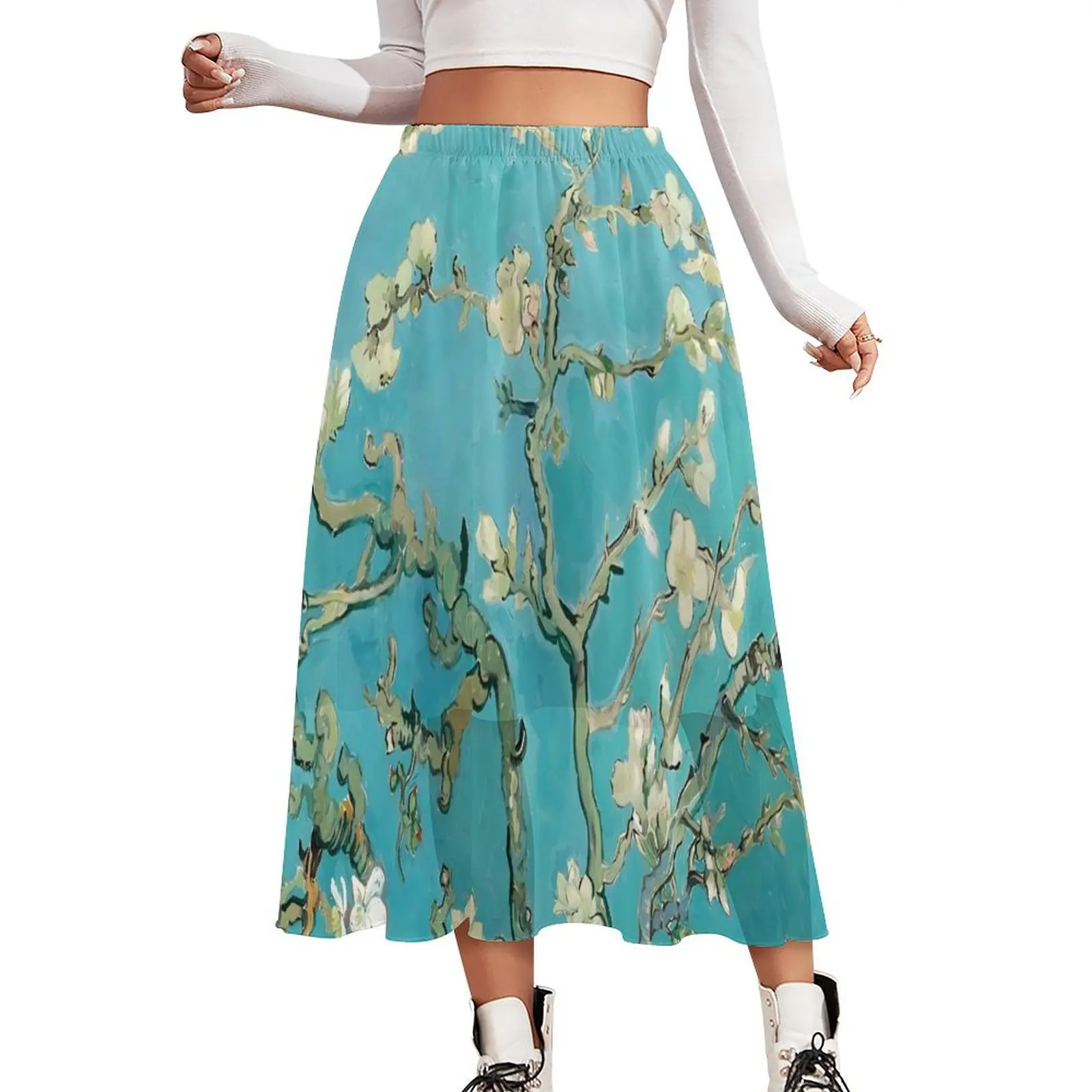 Vincent Van Gogh Oil Painting Skirt Almond Blossoms Long Skirts Summer Streetwear Elastic Waist Chiffon Oversized A-line Skirt