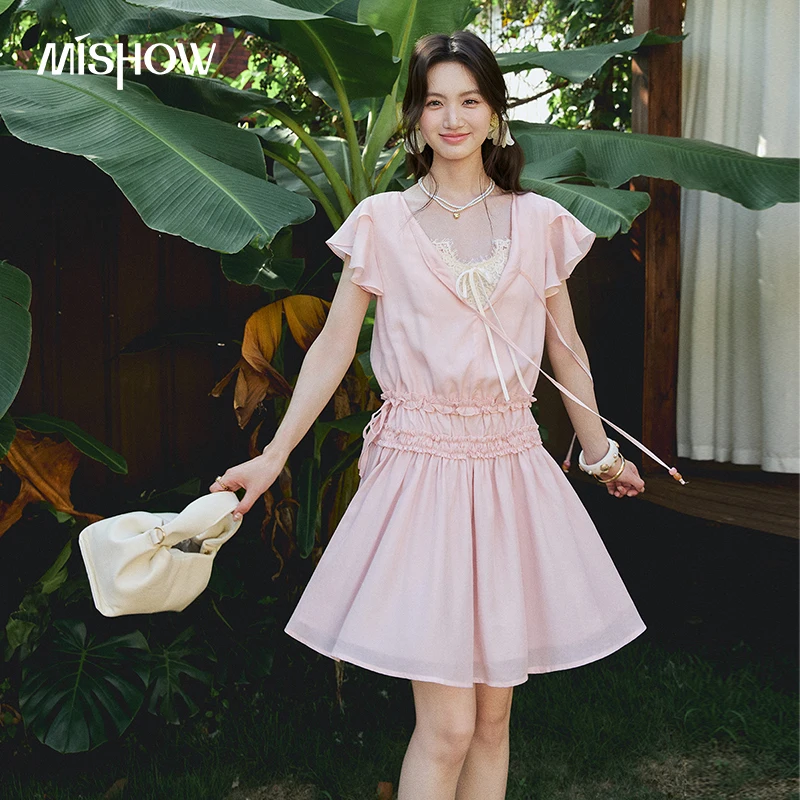 

MISHOW Elegant French Dress 2026 Summer V-Neck Flying Sleeves Elastic Smocked Waist Holiday Lightweight A-line Dress MXF24L2659