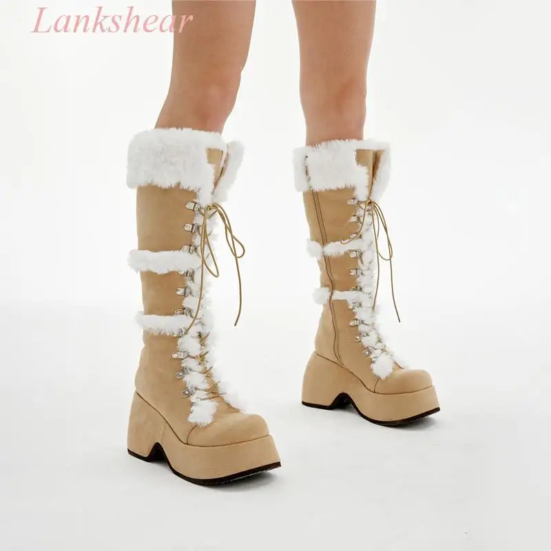 New Lovely Fur Lace Up Platform Boots 2024 Women\'s Round Toe Plush Height Increasing Three Color Selection Knee-High Snow Boots