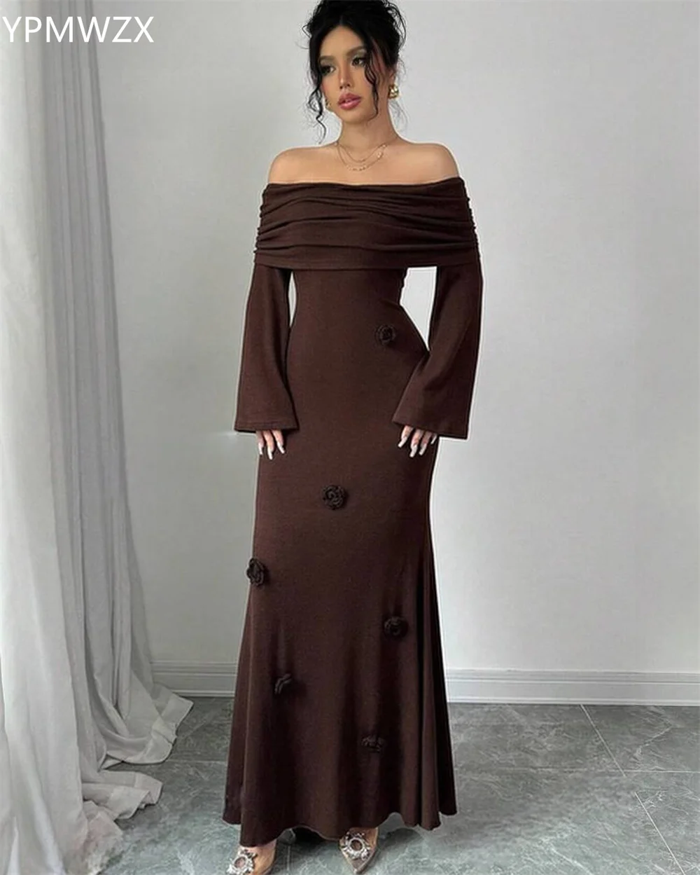 Customized Prom Gown Formal Evening Dress Party Occasion YPMWZX Off-the-shoulder Mermaid Floor Length Skirts Draped Shirred 3D