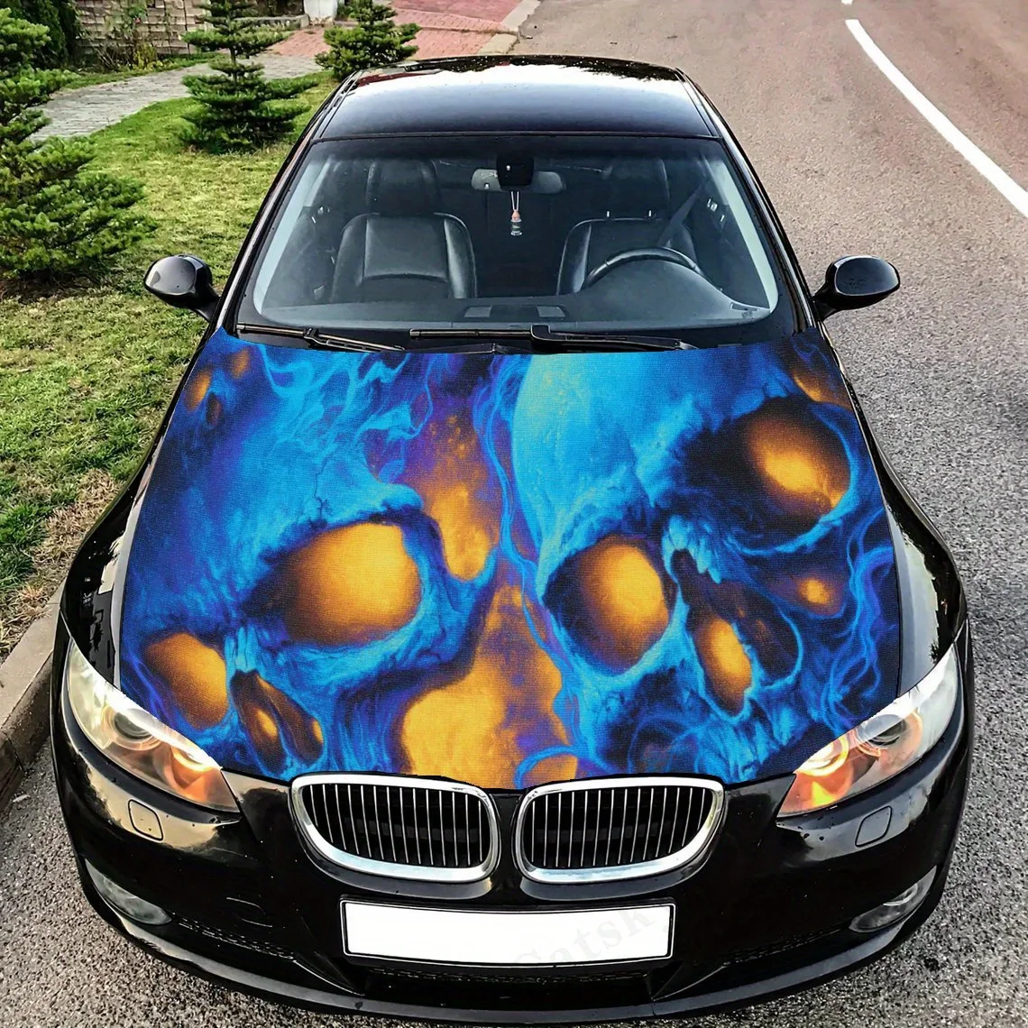

Космический синий - виниловая наклейка на капот автомобиля с пламенным черепом, защитная наклейка для внешнего вида автомобиля, водонепроницаемая самоклеящаяся автомобильная упаковка c