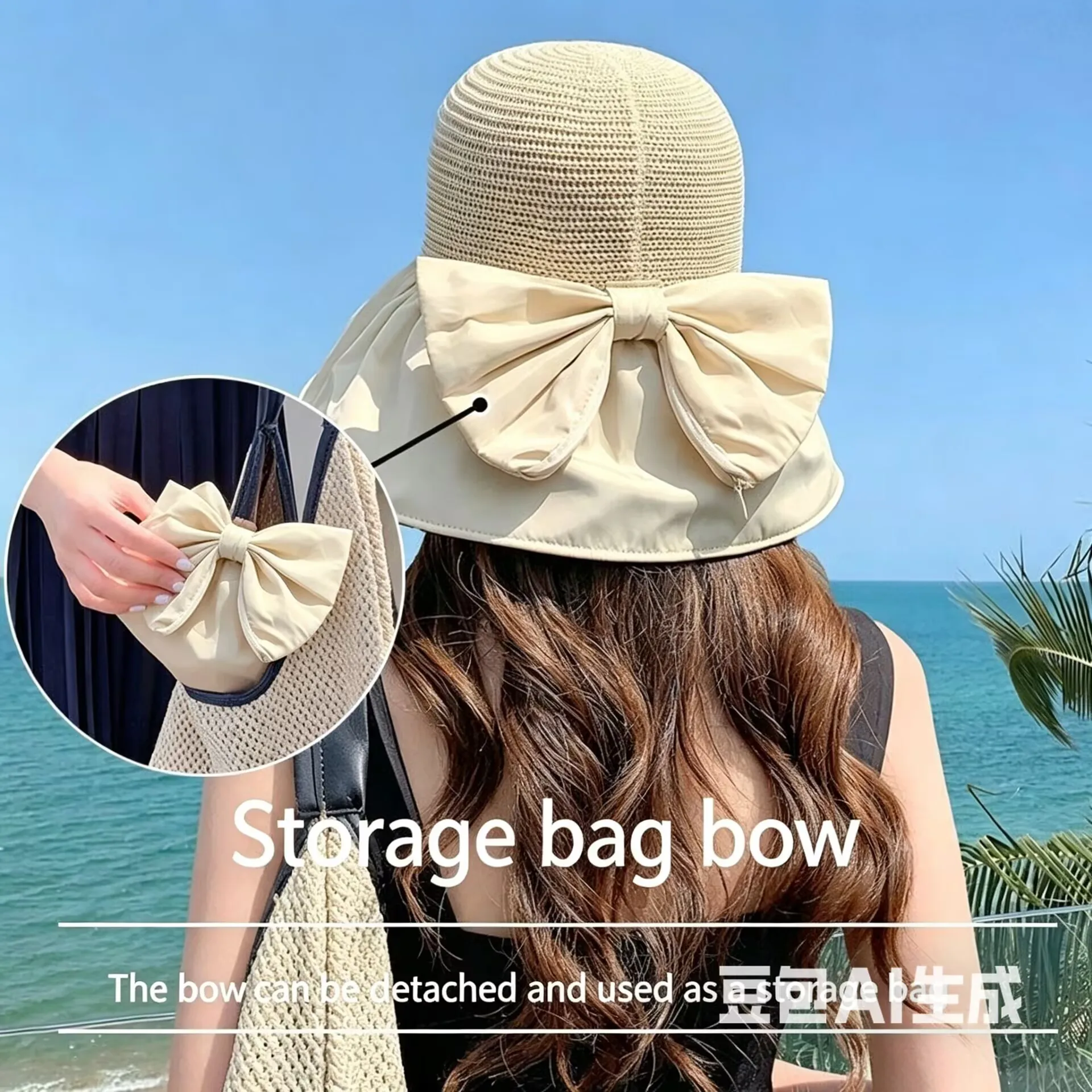 

Black plastic sun hat with bow, summer face-covering fisherman hat, outdoor straw hat, anti-UV sun hat for women
