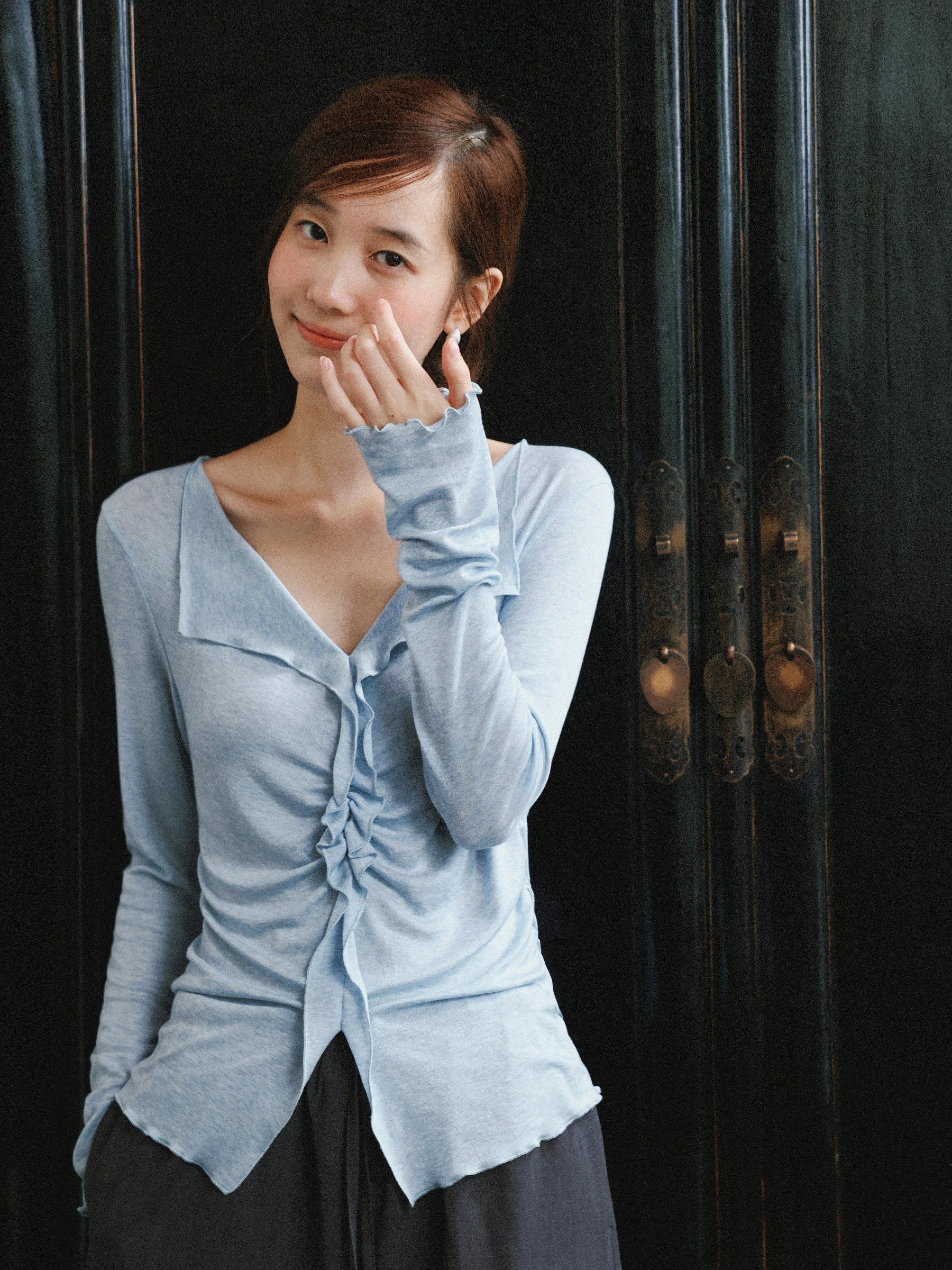 MUNNS RUIXI Vintage Wool Blend Knitwear V-Neck Gathered Sleeve Long Sleeve Ruffle Hem Top Women's Fashion Autumn Wear