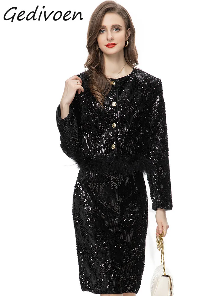 

Gedivoen Winter Fashion Runway Black Vintage Party Skirt Set Women O Neck Sequins Slim Coats+Package Buttocks Skirt 2 Pieces Set