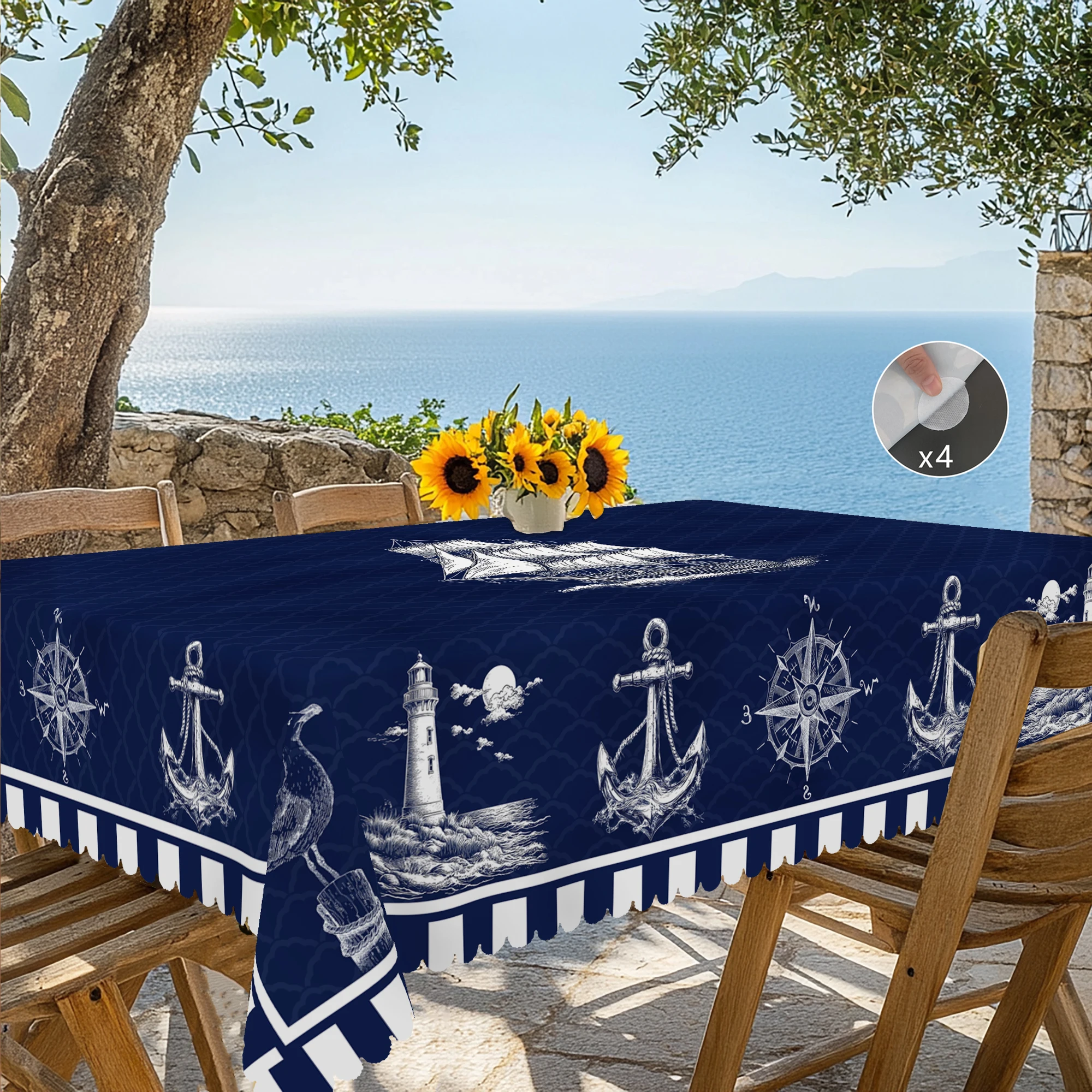 1 Piece Summer Ocean Theme Blue Printed Tablecloth, Farmhouse Style, Anchor, Compass, Lighthouse Pattern Design, Suitable for Spring and Summer Camping Style Picnic, Seaside Birthday Party, Kitchen Accessories, Restaurant Terrace, Indoor and Outdoor Use, Perfect Gift for Friends, Multiple Sizes Available
