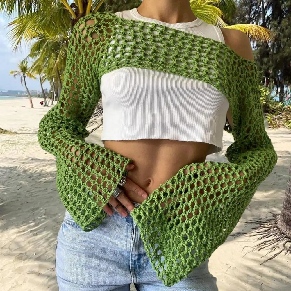 Women Sweater Cover Up Stylish Women's Crochet Knit Sweater Cover Up Blouse for Autumn Streetwear Hollow Out Crop Top with Long