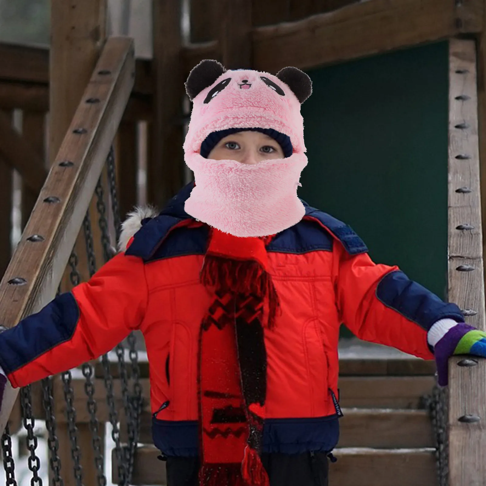 

Детский шарф с капюшоном, дизайн с мультяшными животными, зимняя теплая шапка и шарф, уличный утеплитель для шеи для малышей, девочек и мальчиков, для холодной погоды