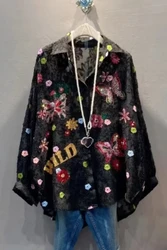 New In 2024 Autumn Embroidery Sequined Hot Drilling Oversized Shirts For Women's Mid-length Single Breasted Blouses Tops Blusas