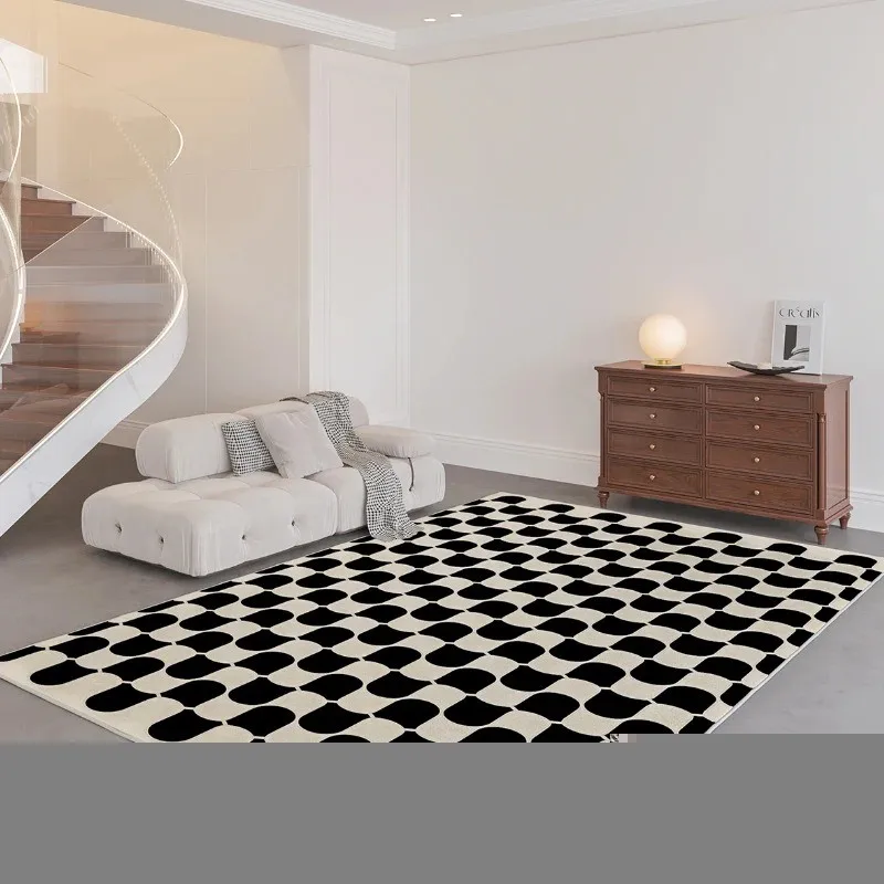 French Retro Plaid Printed Carpet Bedroom Floor Mat Living Room Coffee Table Large Area Full Spread Easy Clean Room Bedside Rug