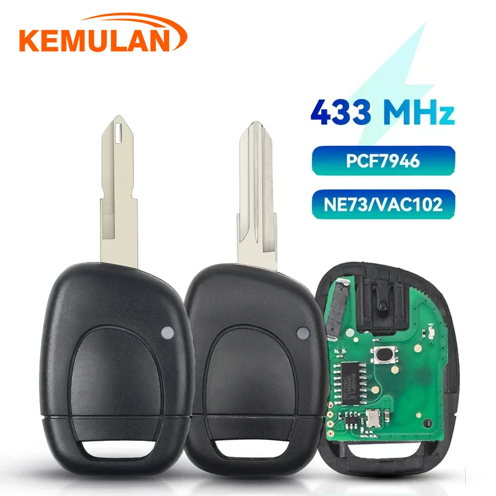 

Кнопка KEMULAN 1 для Renault Clio, Master, Twingo, Kangoo, 433 МГц, корпус для автомобильного ключа-пульта с необработанным лезвием NE73 VAC102, чипом ID46 PCF7946