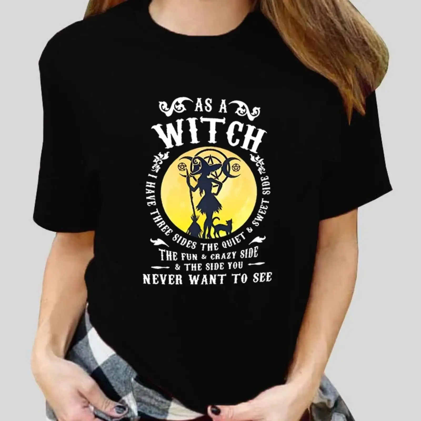 

Women's Witch T-shirt I Have Three Sides Graphic Tee Halloween Spooky Gifts Funny Witchy Tops