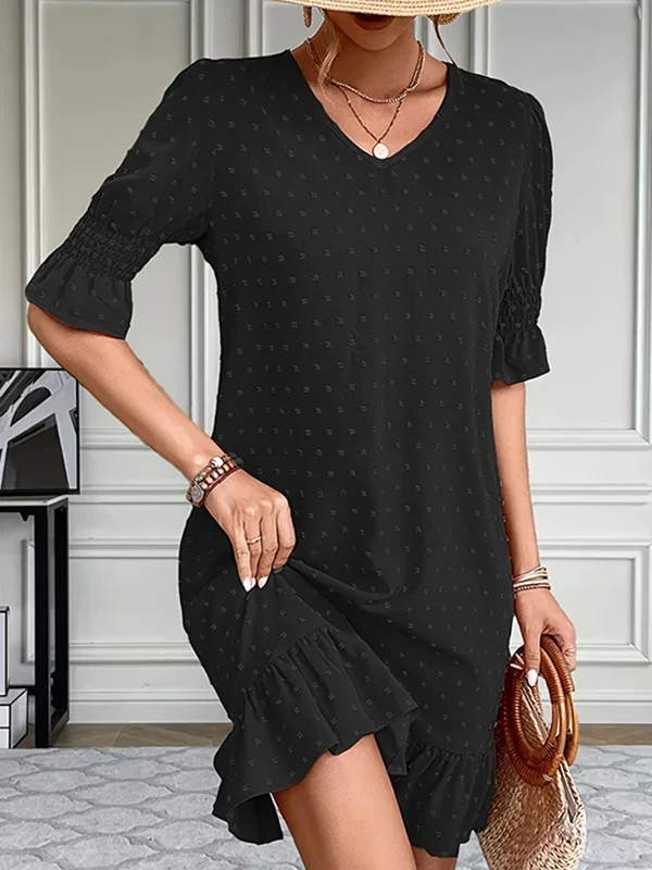 Schwarzes Damen-Minikleid mit V-Ausschnitt, Rüschensaum und Glockenärmeln – atmungsaktives Polyester, halbtransparent, perfekt für Frühling/Sommer/