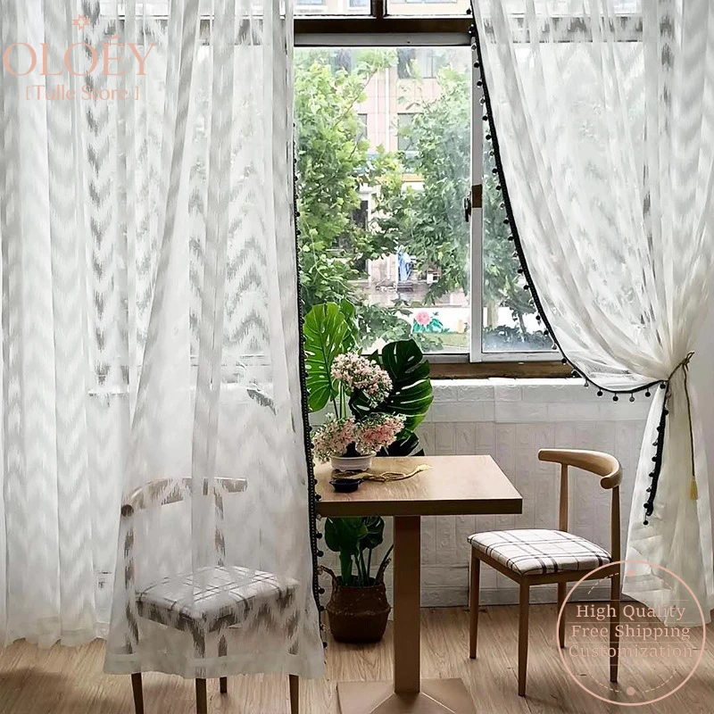 New Modern Tulle Woven Dreamy Living Room Bay Window Simple Solid Color Drapes Curtains for Balcony Wave Pattern Light Filtering