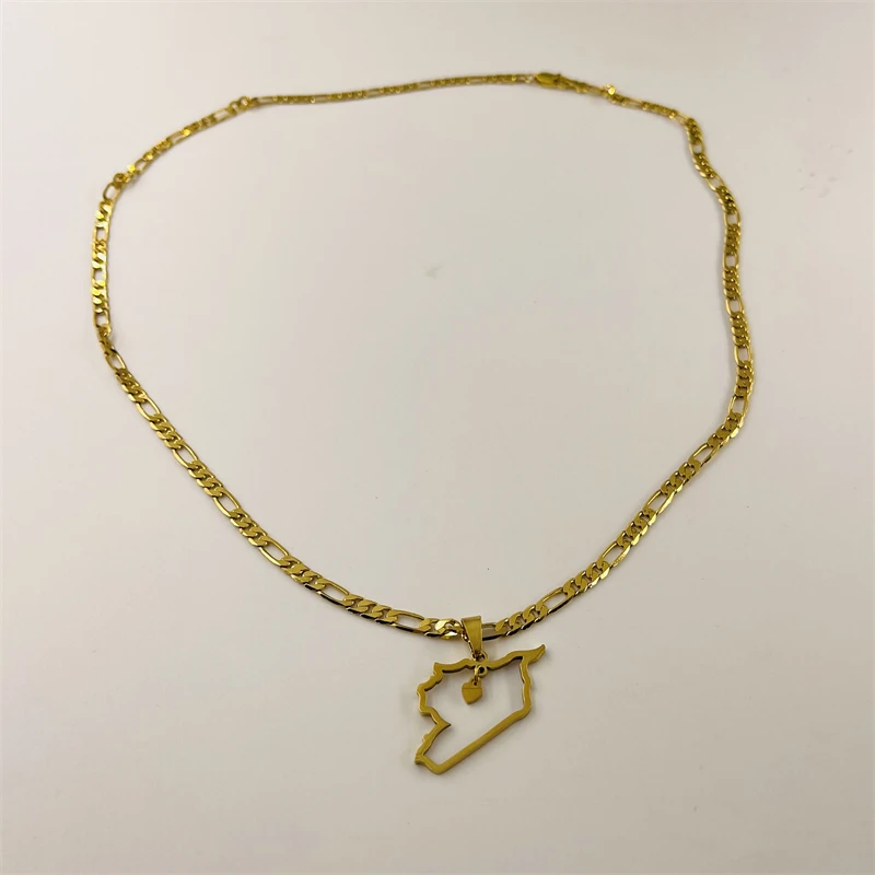 Golden hollowed out Syrian map heart pendant necklace, stainless steel Figaro chain, simple ethnic style, men's and women's coll