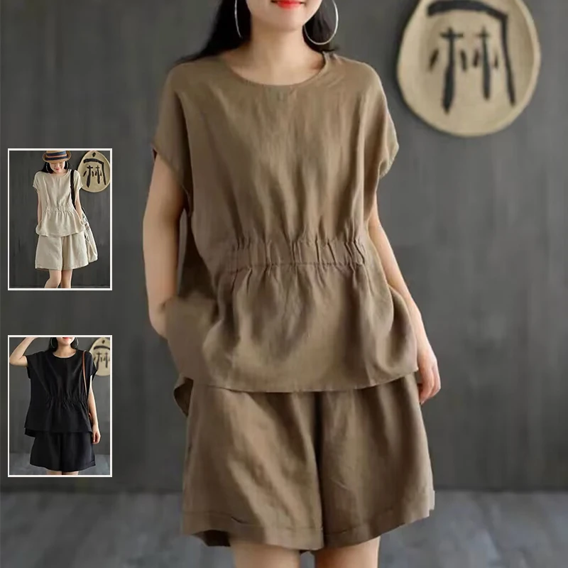 

Модный хлопковый льняной комплект, женская свободная круглая футболка с застежкой на талии, повседневный комплект из двух предметов, летний комплект для пожилых женщин