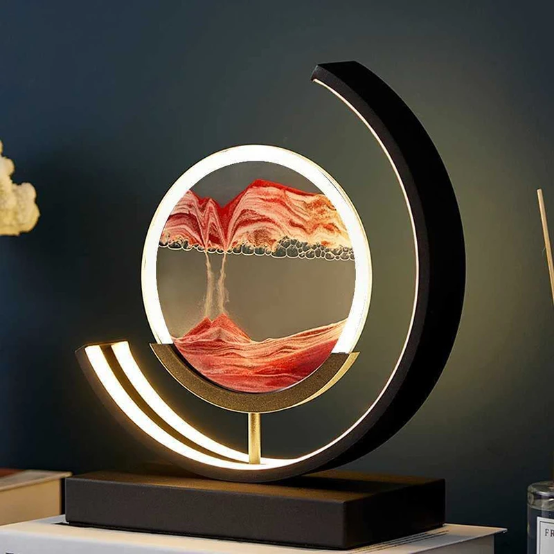 3D Hourglass LED Lamp Quicksand Painting Art Bedside Table Lamp Painting Night Light Home Sand Scene Dynamic Round Glass Decor