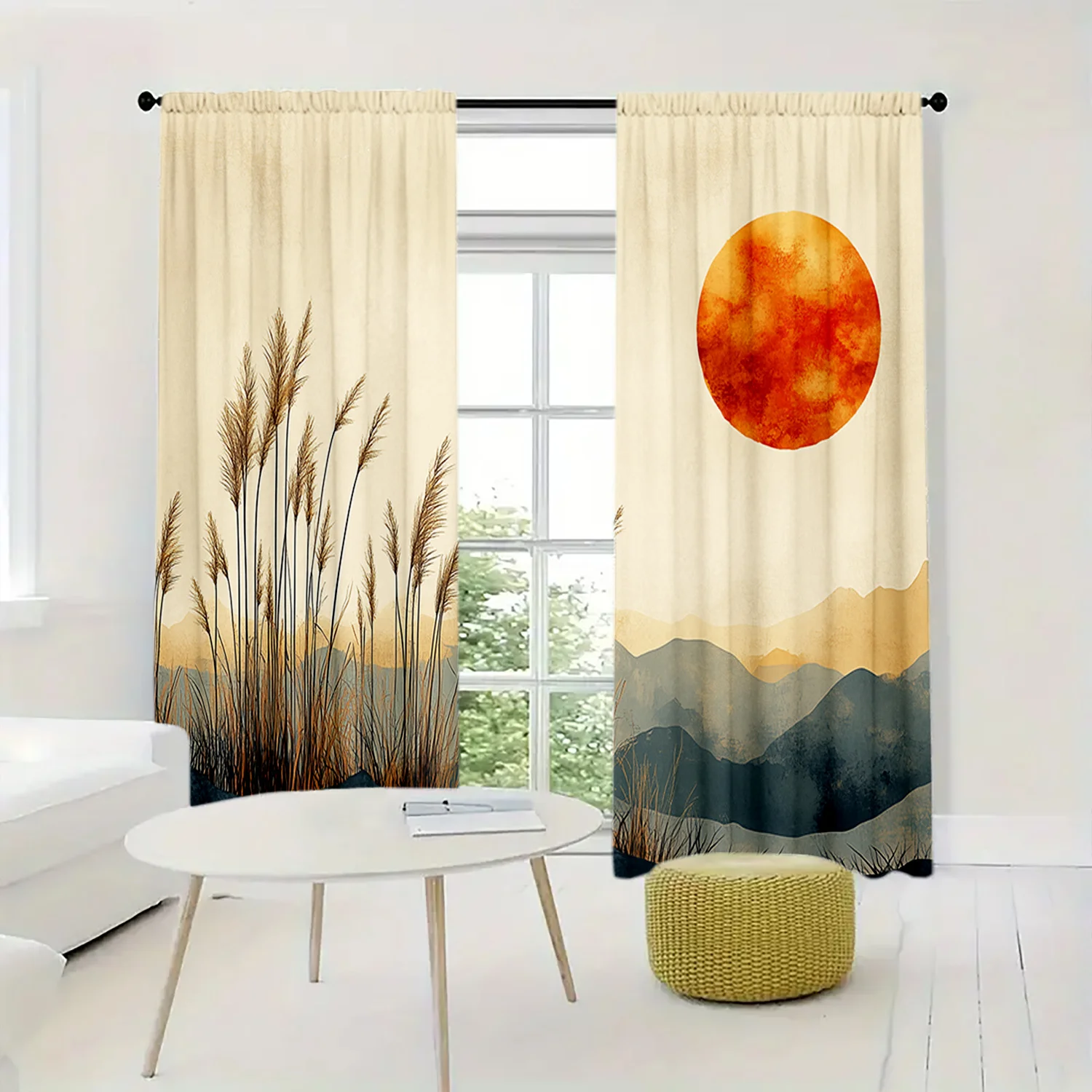 Modern Boho Pampas Grass Landscape Curtains Sunset Mountain Silhouette Beige Window Drapes Aesthetic Living Room Home Decor