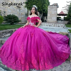 Fuchsia Off The Shoulder Appliques Ball Gown Quinceanera Dress 2024 Flowers Crystals Pearls Vestidos De 15 Años Customized