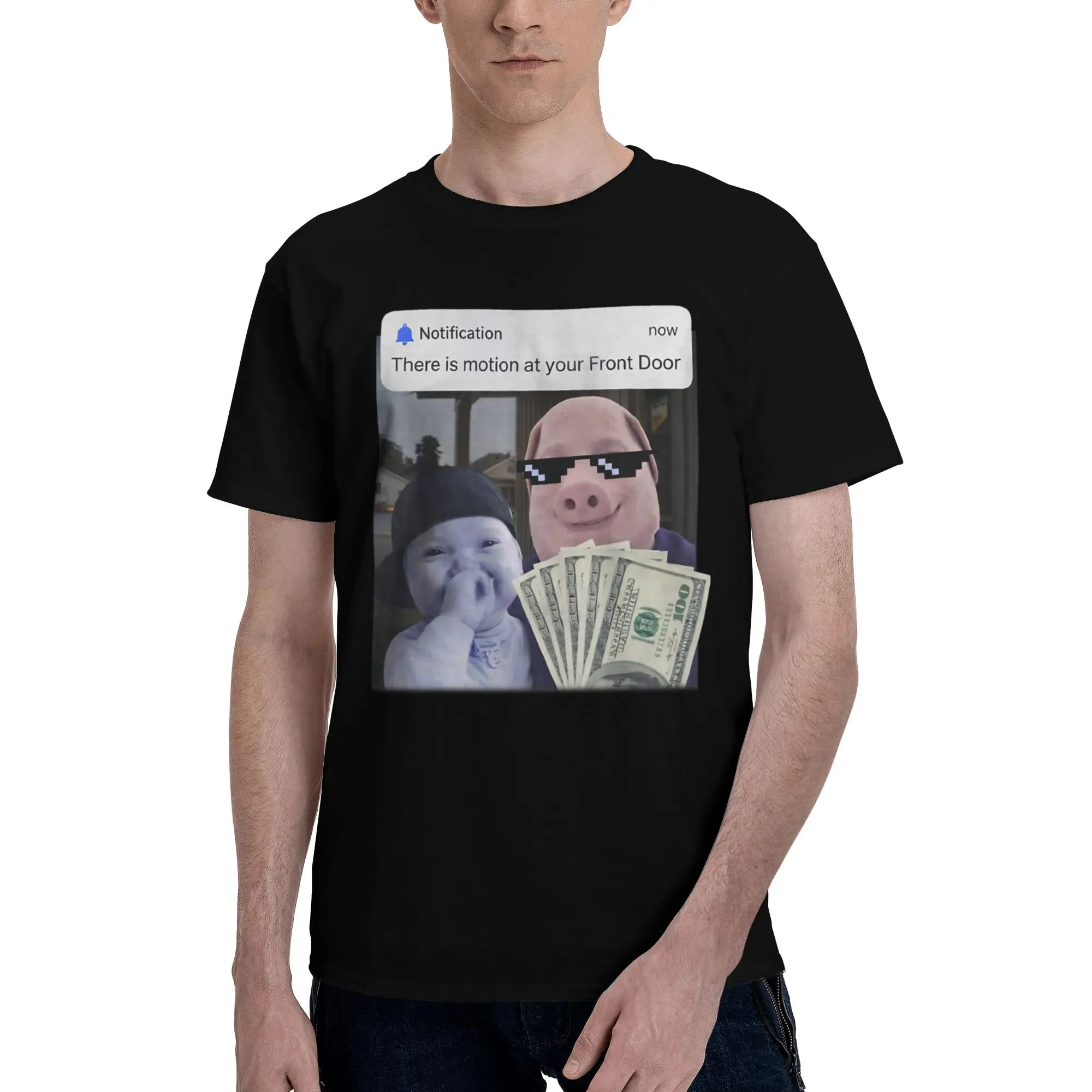 There is Motion At Your Front Door John Pork AI Baby Meme Funny 100% Cotton T-Shirt  Tops Tees For Men
