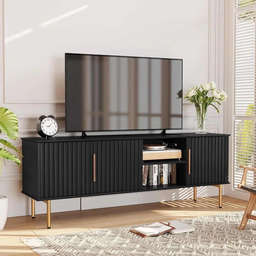 

66'' Modern TV Stand for 55/60/70 inch TV,Mid Century Entertainment Center with Storage Cabinet and Adjustable Shelf,Fluted TV S