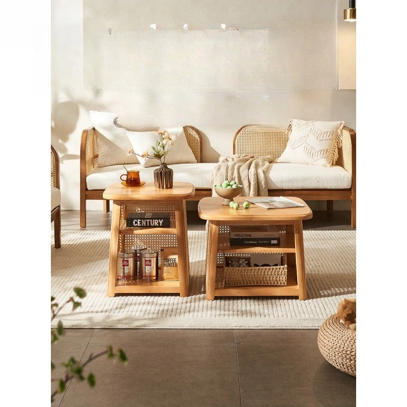 Medieval Japanese style home coffee table living room retro small apartment solid wood glass rattan round square simple table