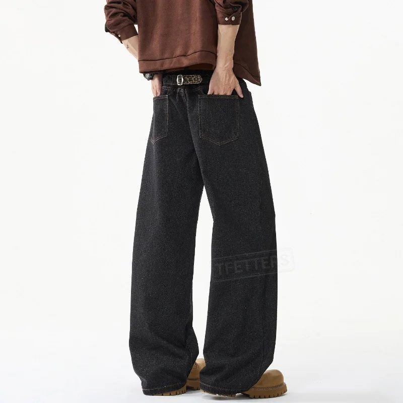 TFETTERS 2026 Autumn Retro Casual Men Straight Leg Raw Denim Jeans Leopard Contrast Buckle Loose Daily Commute Trousers Man