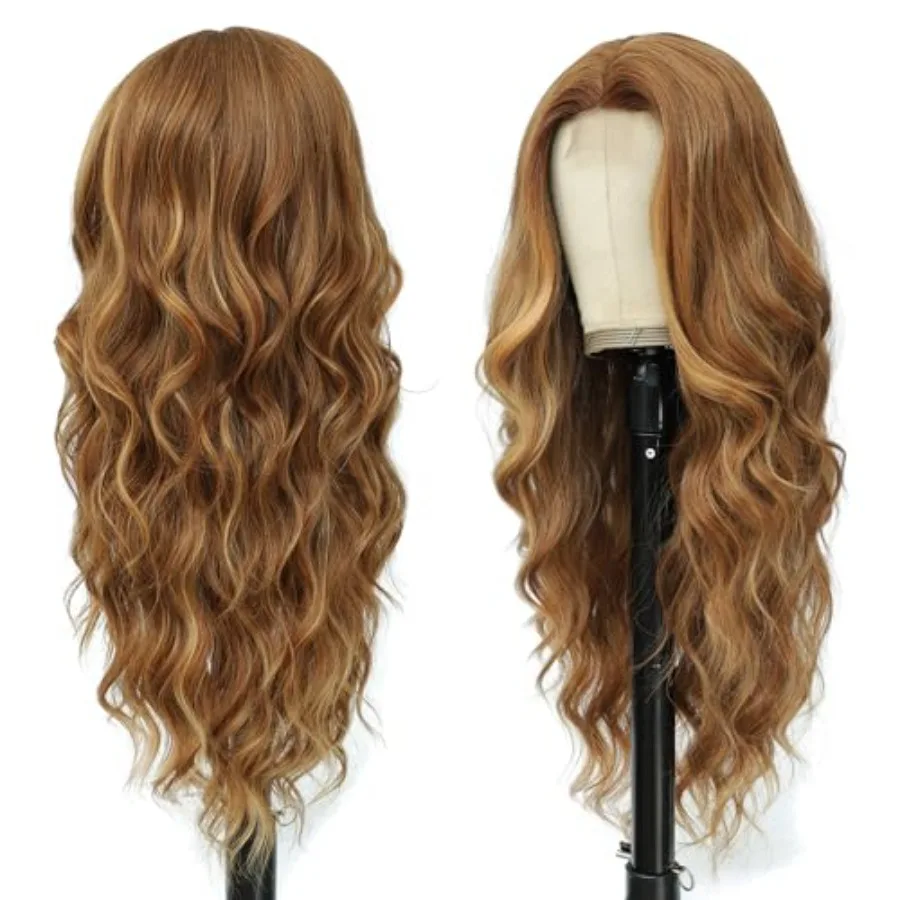 Lange braune gemischte blonde Perücken für Frauen mit natürlichen Highlights, Mittelteil, synthetisches lockiges Haar, Ersatzperücken für den täglichen Gebrauch