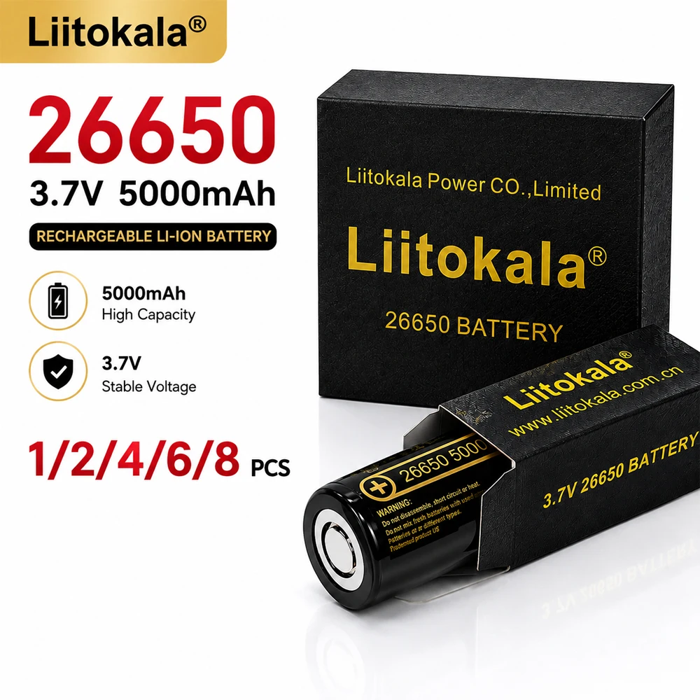 100% Real Capacity 3.7V 26650 5000mAh LiitoKala  Li-ion Rechargeable Battery 20A Discharge for Strong Flashlight Power Batteries