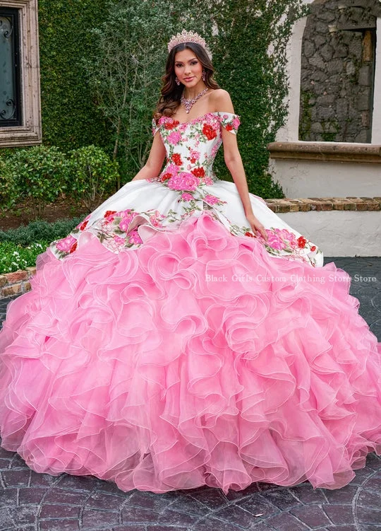 Mexico Ball Gowns 15 Dress Luxury One Shoulder Floral Embroidered Lace Appliquéd Corset Poncho vestido quinceañera princesa 2024