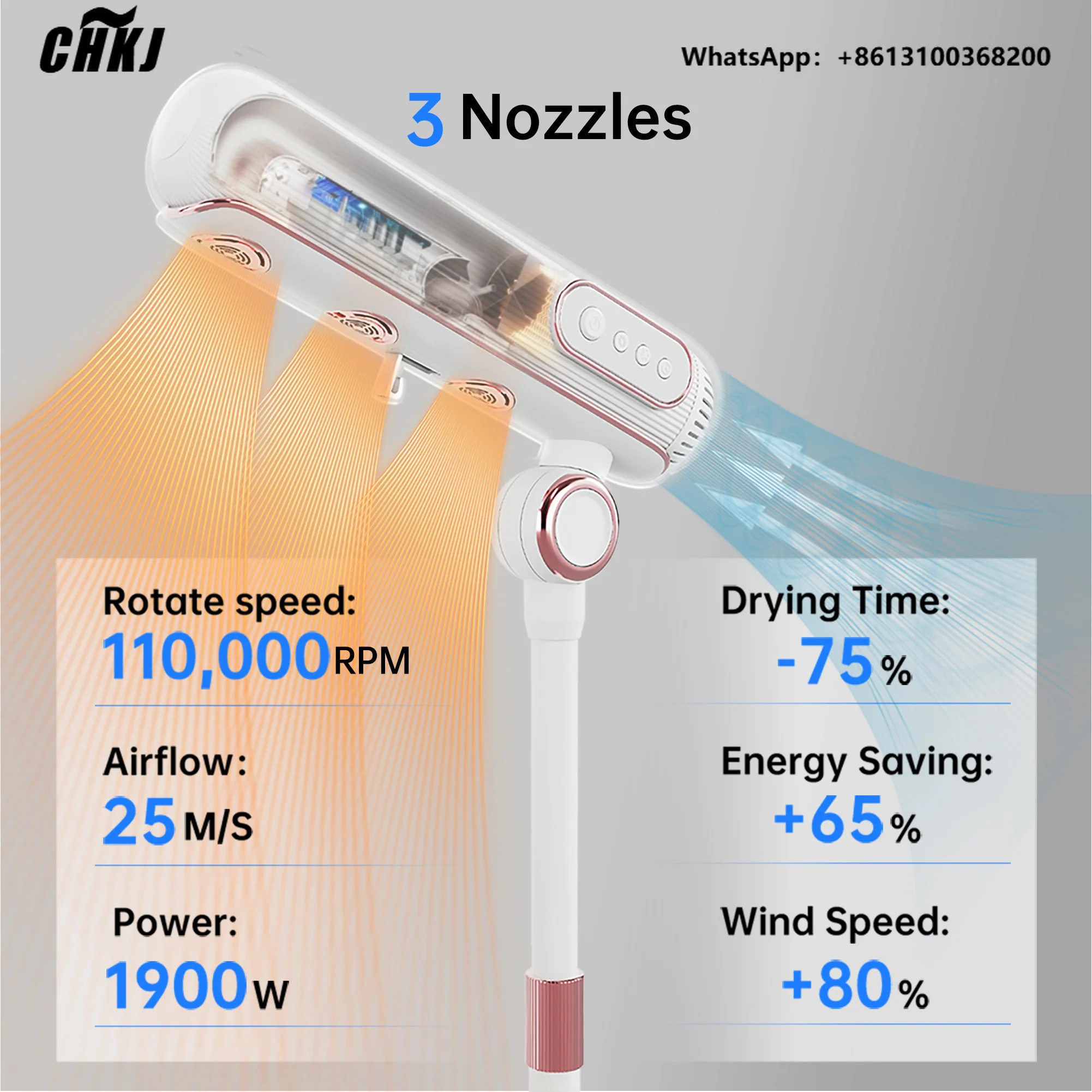 CHKJ Hands  Stand up Adjustable Vertical Hair Dryer Negative Ion Professional Salon 110,000 RPM High Speed Standing Hair Dryer